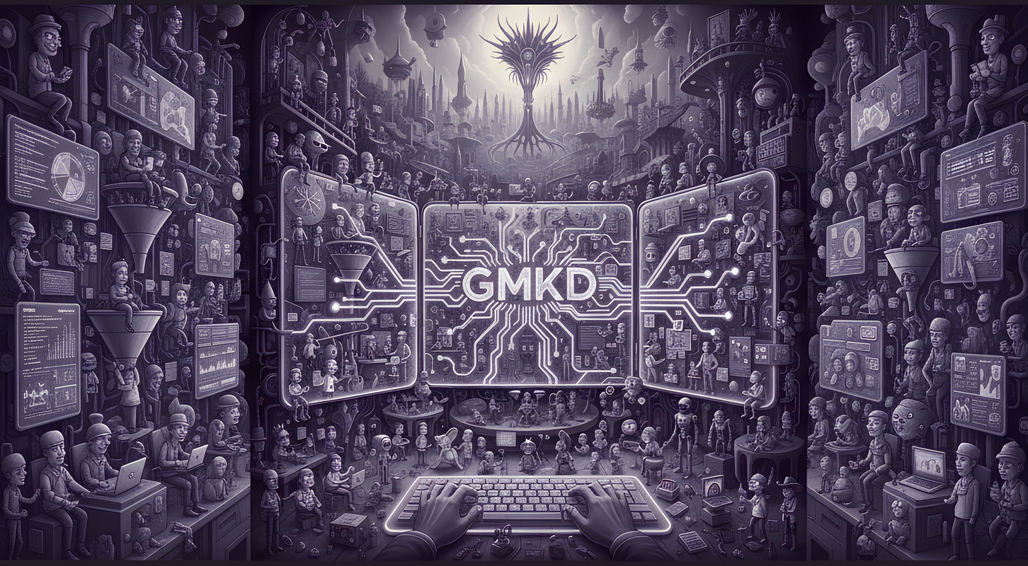 Tríptico de cristal con GMKD y ramificaciones energéticas conectando al equipo